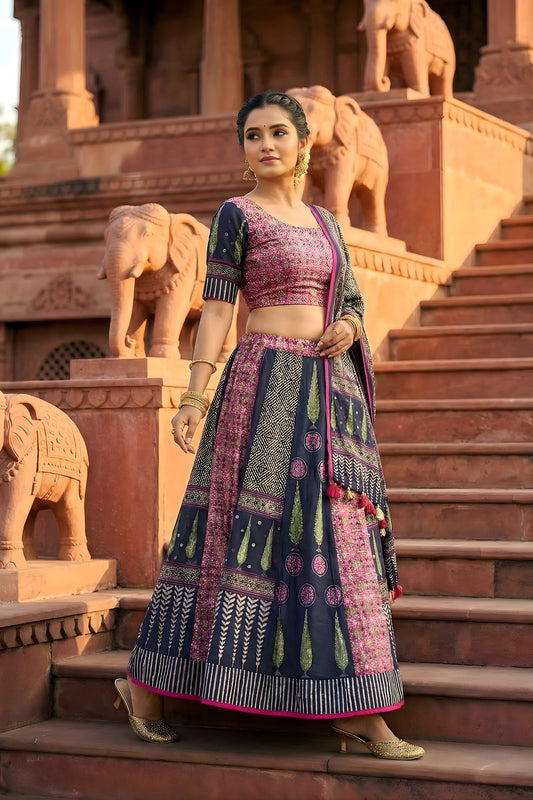 Charming Navy Blue and Pink Printed Cotton Rayon Lehenga Choli with Dupatta for Women
