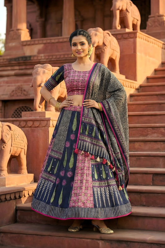 Charming Navy Blue and Pink Printed Cotton Rayon Lehenga Choli with Dupatta for Women