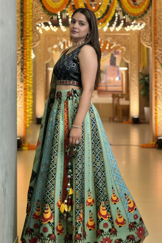 Glorious Sea Green Multicolor Printed Cotton Rayon Lehenga Choli with Dupatta