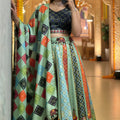 Glorious Sea Green Multicolor Printed Cotton Rayon Lehenga Choli with Dupatta