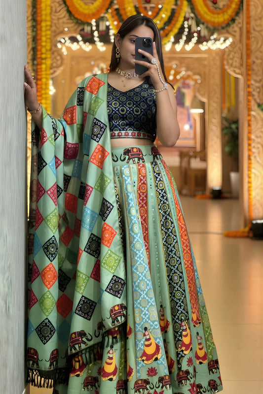 Glorious Sea Green Multicolor Printed Cotton Rayon Lehenga Choli with Dupatta