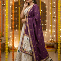 Designer Cream Printed Cotton Rayon Lehenga Choli Set with Purple Dupatta