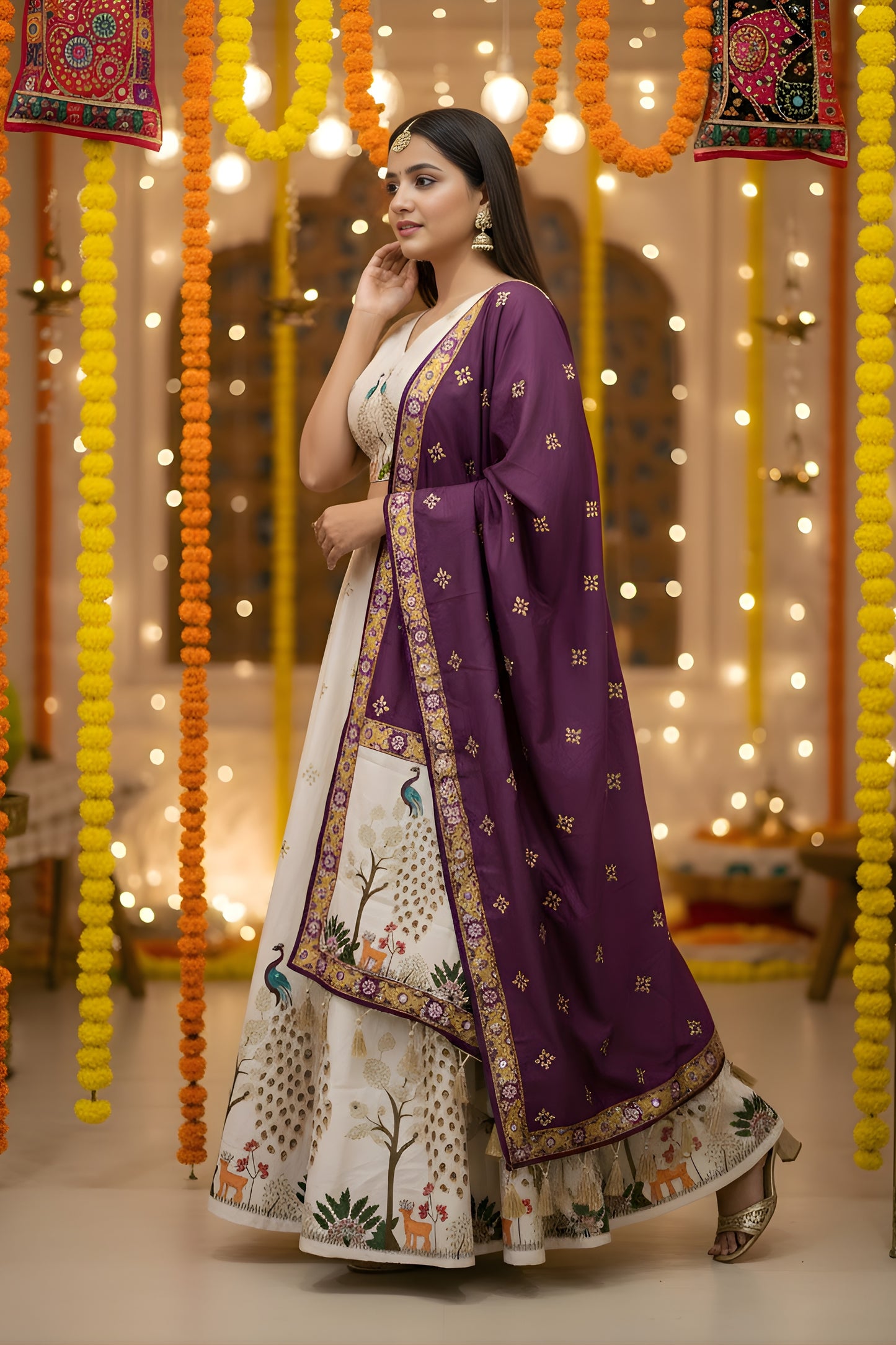 Designer Cream Printed Cotton Rayon Lehenga Choli Set with Purple Dupatta