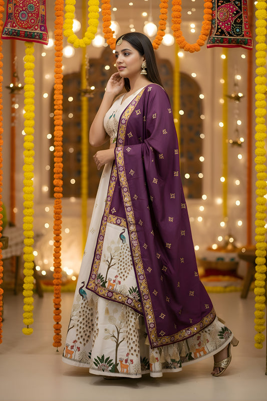 Designer Cream Printed Cotton Rayon Lehenga Choli Set with Purple Dupatta