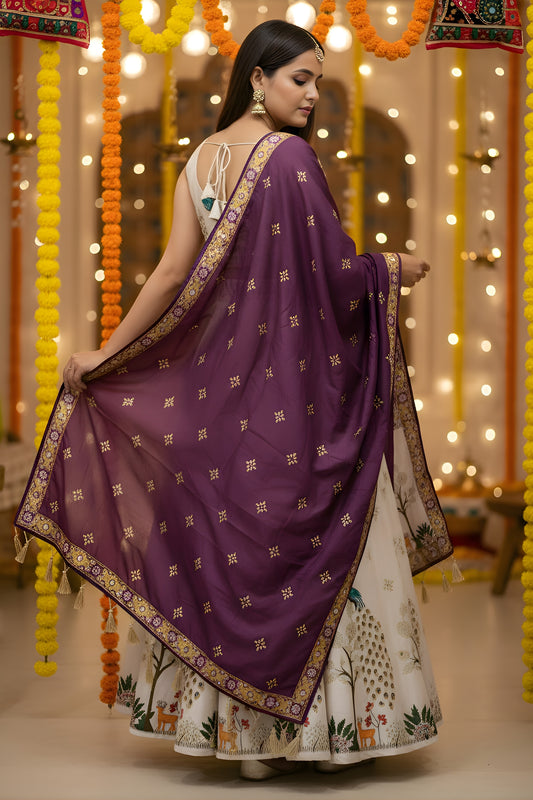 Designer Cream Printed Cotton Rayon Lehenga Choli Set with Purple Dupatta