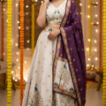 Designer Cream Printed Cotton Rayon Lehenga Choli Set with Purple Dupatta