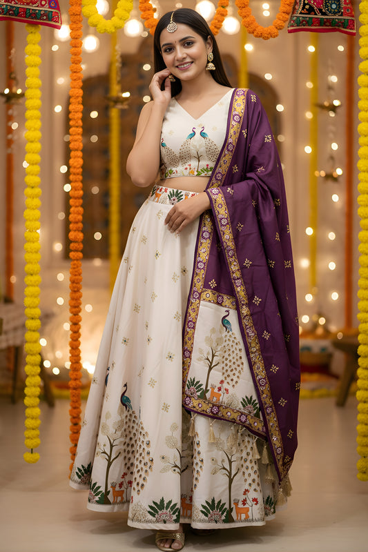 Designer Cream Printed Cotton Rayon Lehenga Choli Set with Purple Dupatta