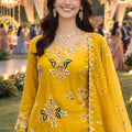 Elegant Mustard Yellow Viscose Crepe Embroidered Wedding Wear Sharara Suit