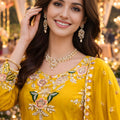 Elegant Mustard Yellow Viscose Crepe Embroidered Wedding Wear Sharara Suit