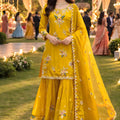 Elegant Mustard Yellow Viscose Crepe Embroidered Wedding Wear Sharara Suit