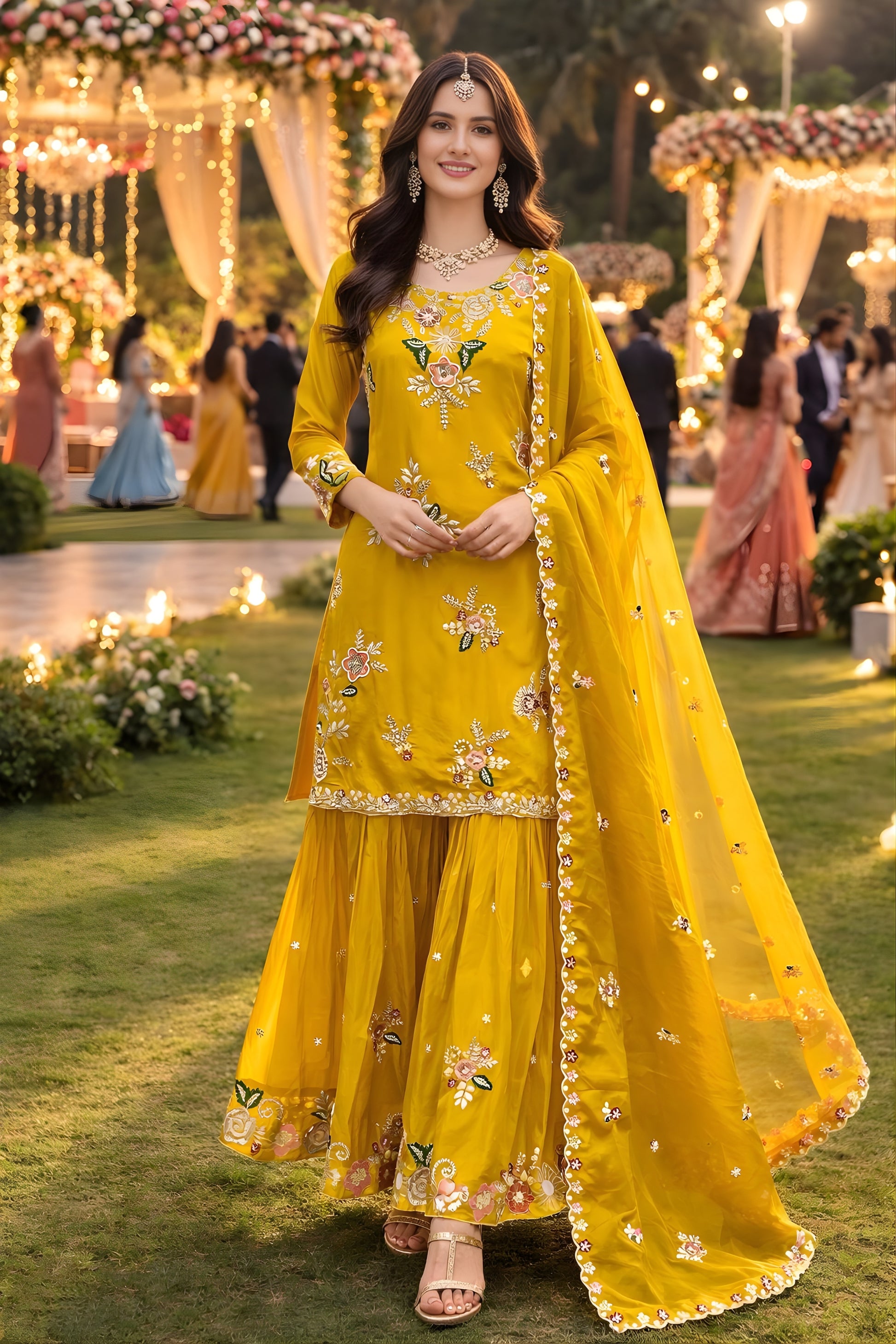 Elegant Mustard Yellow Viscose Crepe Embroidered Wedding Wear Sharara Suit