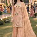 Stunning Peach Viscose Crepe Embroidered Wedding Wear Sharara Suit