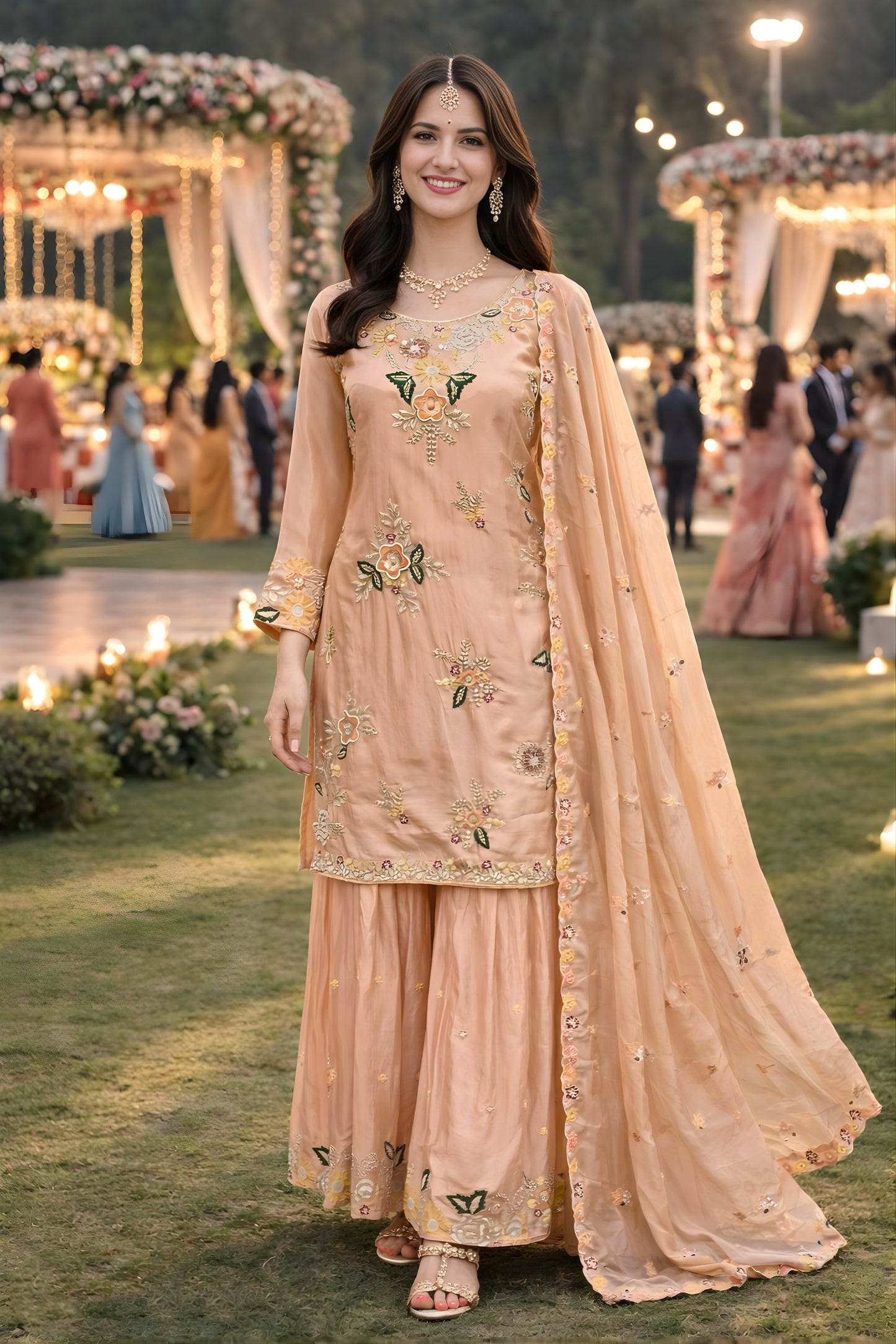 Stunning Peach Viscose Crepe Embroidered Wedding Wear Sharara Suit