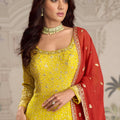 Elegant Yellow Georgette Embroidered Readymade Gown with Red Dupatta for Women