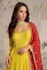 Elegant Yellow Georgette Embroidered Readymade Gown with Red Dupatta for Women