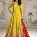 Elegant Yellow Georgette Embroidered Readymade Gown with Red Dupatta for Women