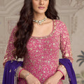 Glorious Pink Georgette Embroidered Readymade Gown with Purple Dupatta for Women