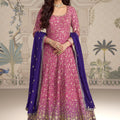 Glorious Pink Georgette Embroidered Readymade Gown with Purple Dupatta for Women