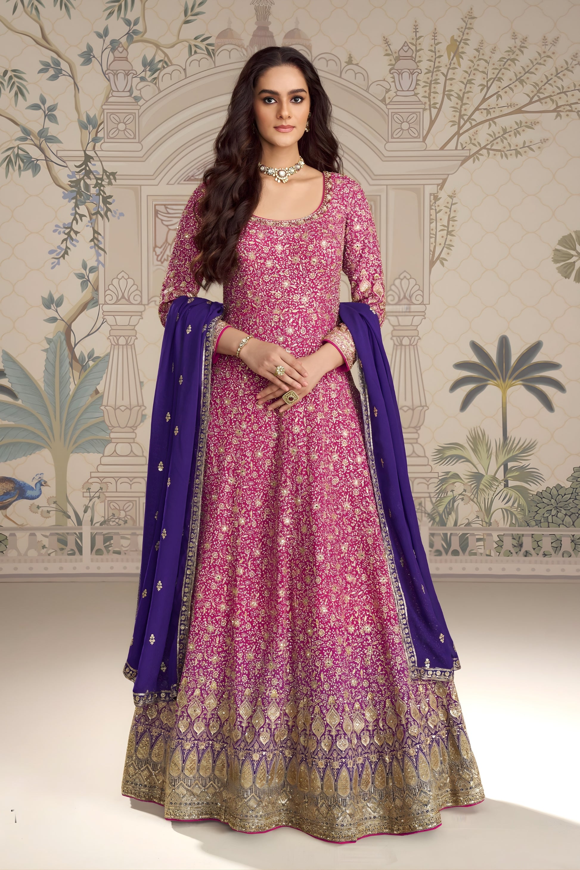 Glorious Pink Georgette Embroidered Readymade Gown with Purple Dupatta for Women