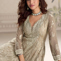 Charming Beige Georgette Embroidered Readymade Gown with Dupatta for Women