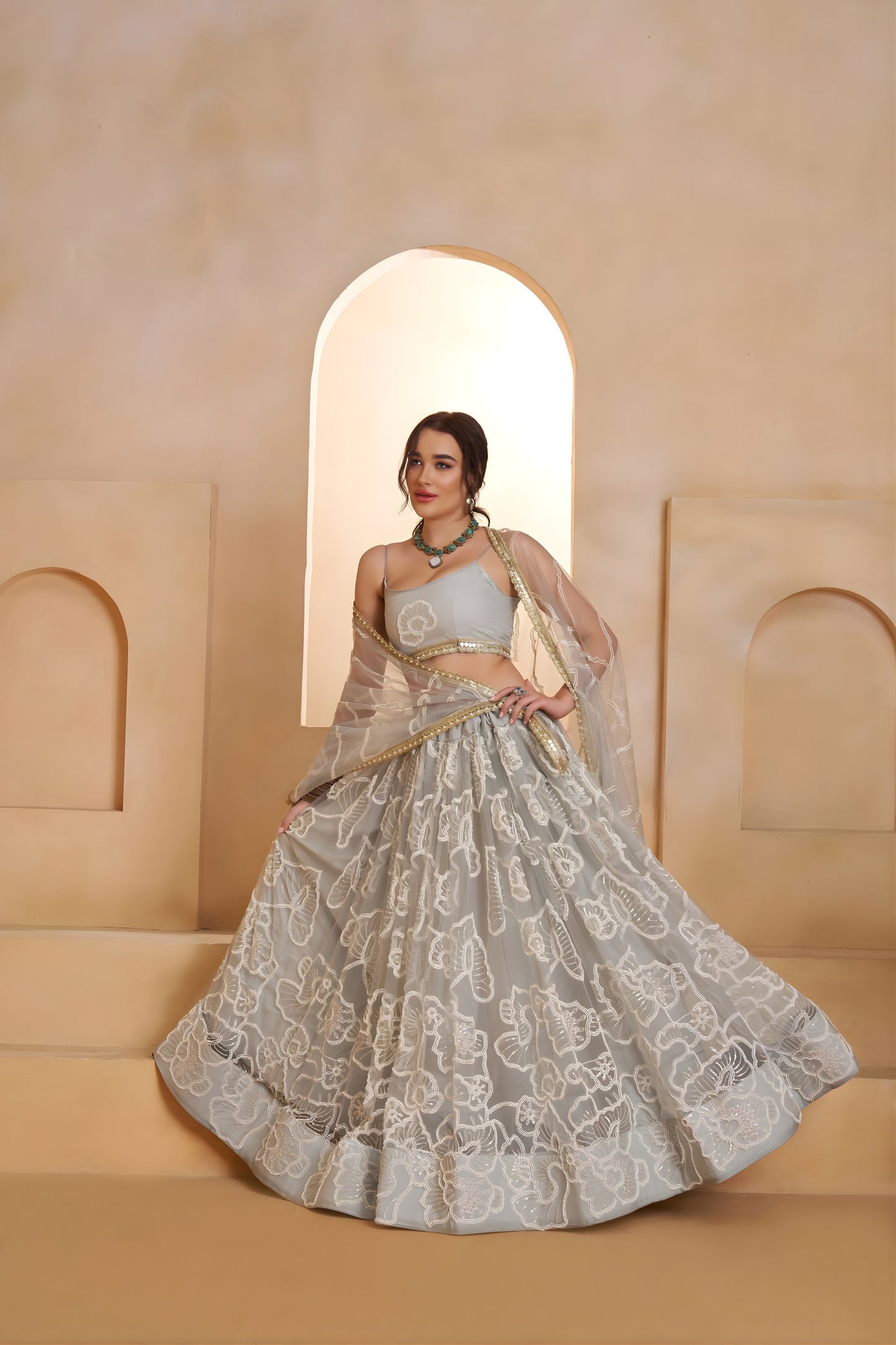 Elegant Grey Butterfly Net Embroidered Lehenga Choli with Dupatta for Women