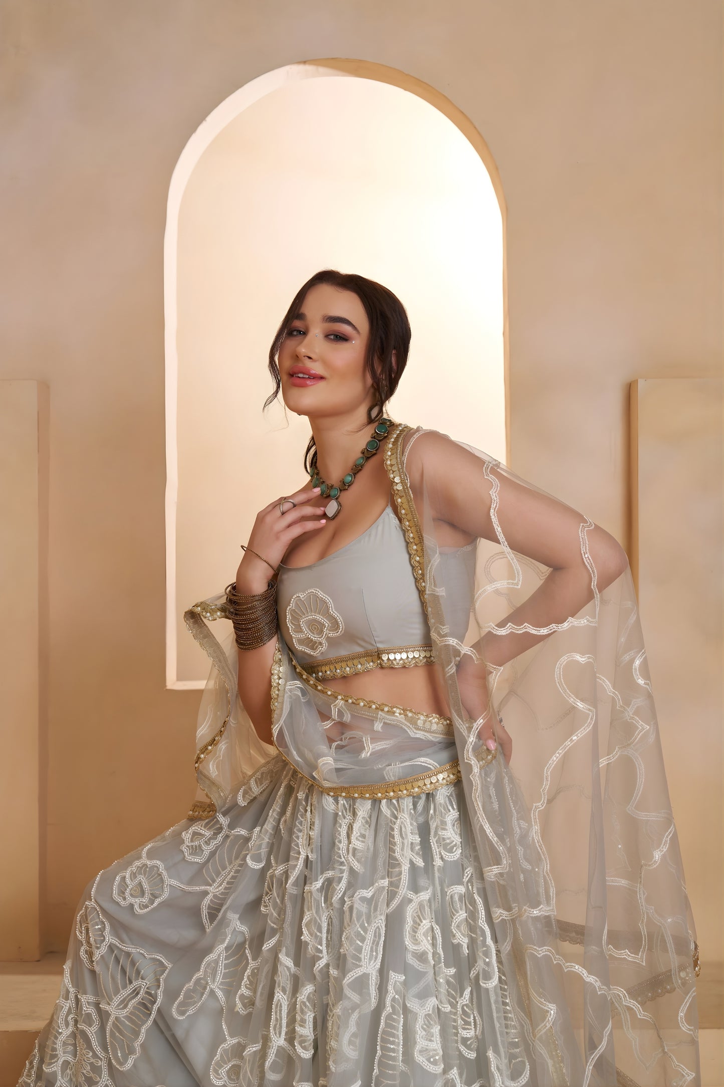 Elegant Grey Butterfly Net Embroidered Lehenga Choli with Dupatta for Women