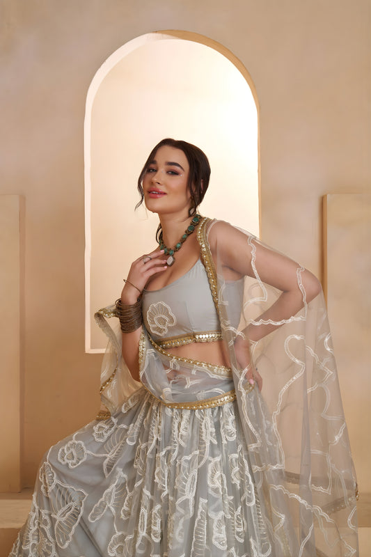 Elegant Grey Butterfly Net Embroidered Lehenga Choli with Dupatta for Women