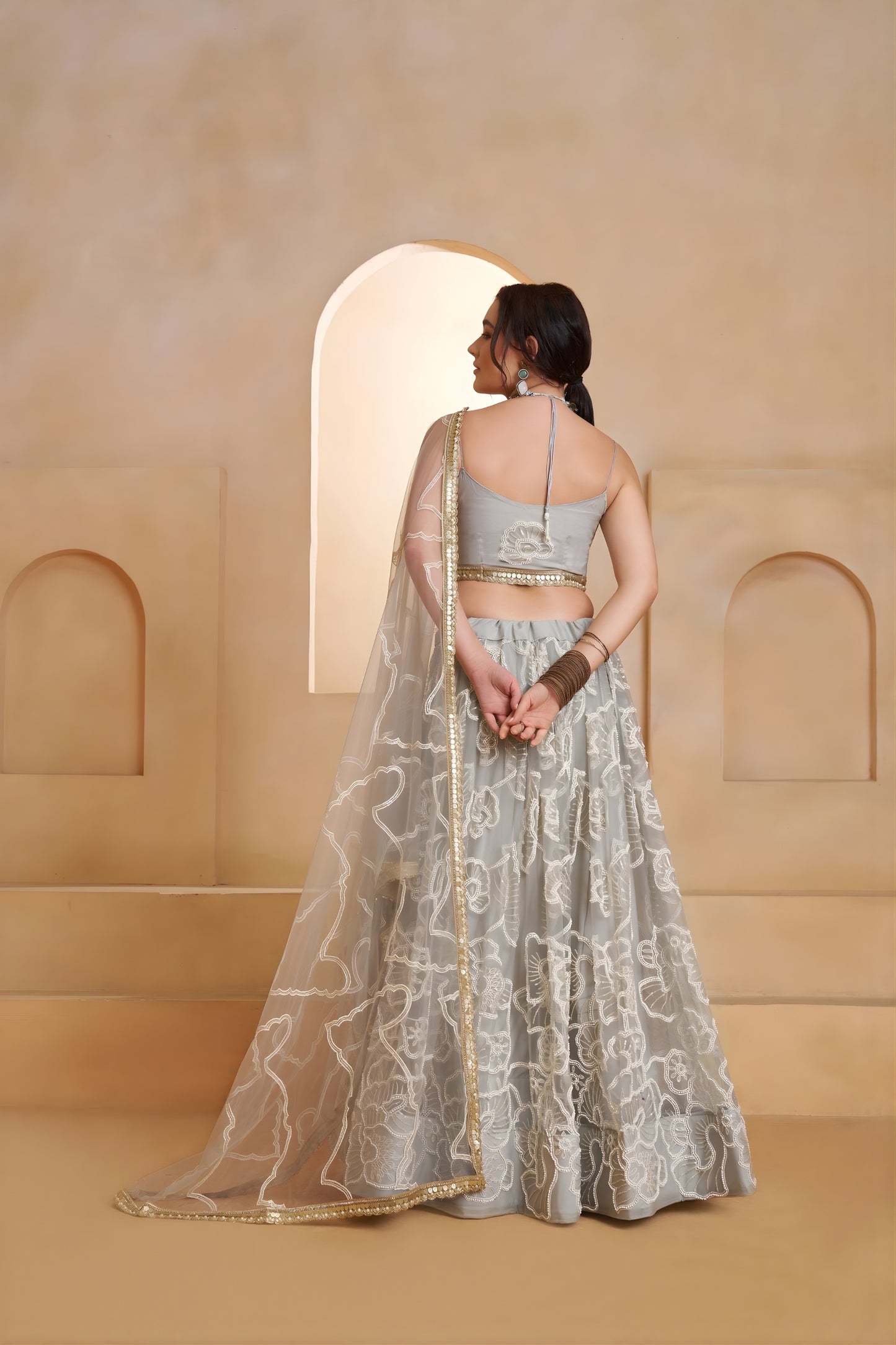 Elegant Grey Butterfly Net Embroidered Lehenga Choli with Dupatta for Women