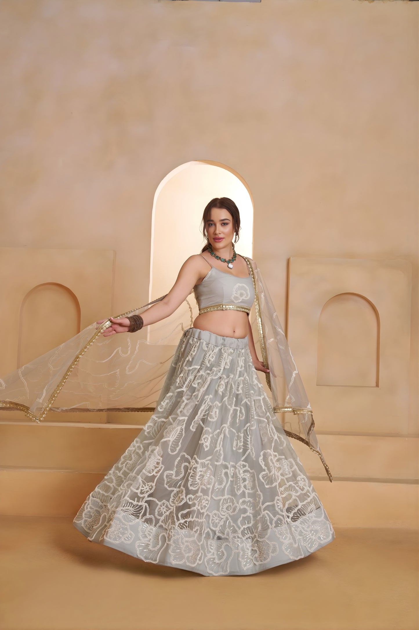 Elegant Grey Butterfly Net Embroidered Lehenga Choli with Dupatta for Women