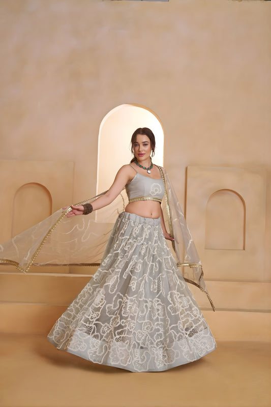 Elegant Grey Butterfly Net Embroidered Lehenga Choli with Dupatta for Women