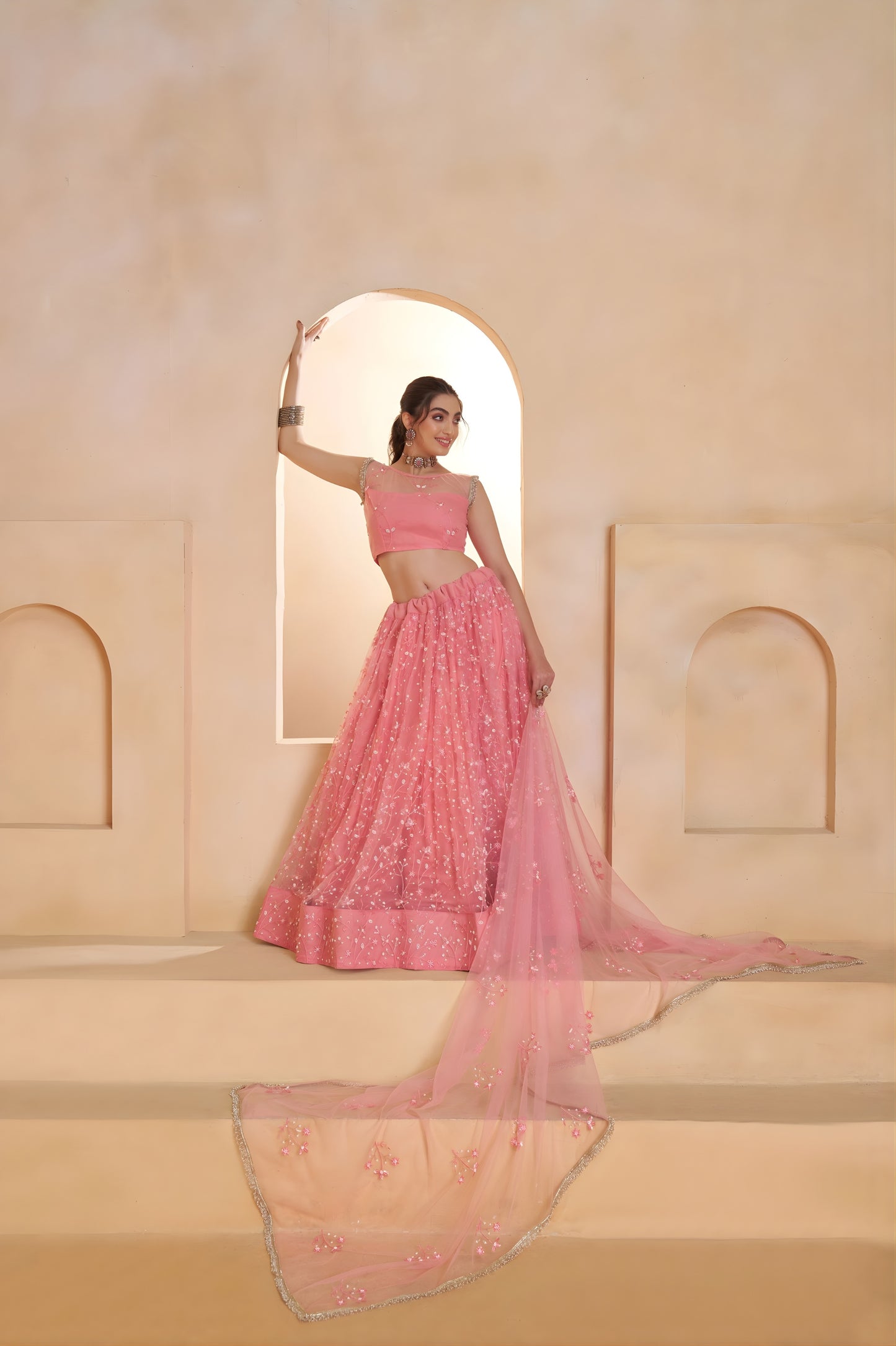 Stunning Pink Butterfly Net Embroidered Lehenga Choli with Dupatta for Women