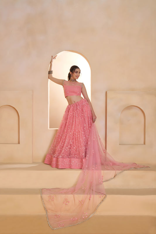 Stunning Pink Butterfly Net Embroidered Lehenga Choli with Dupatta for Women