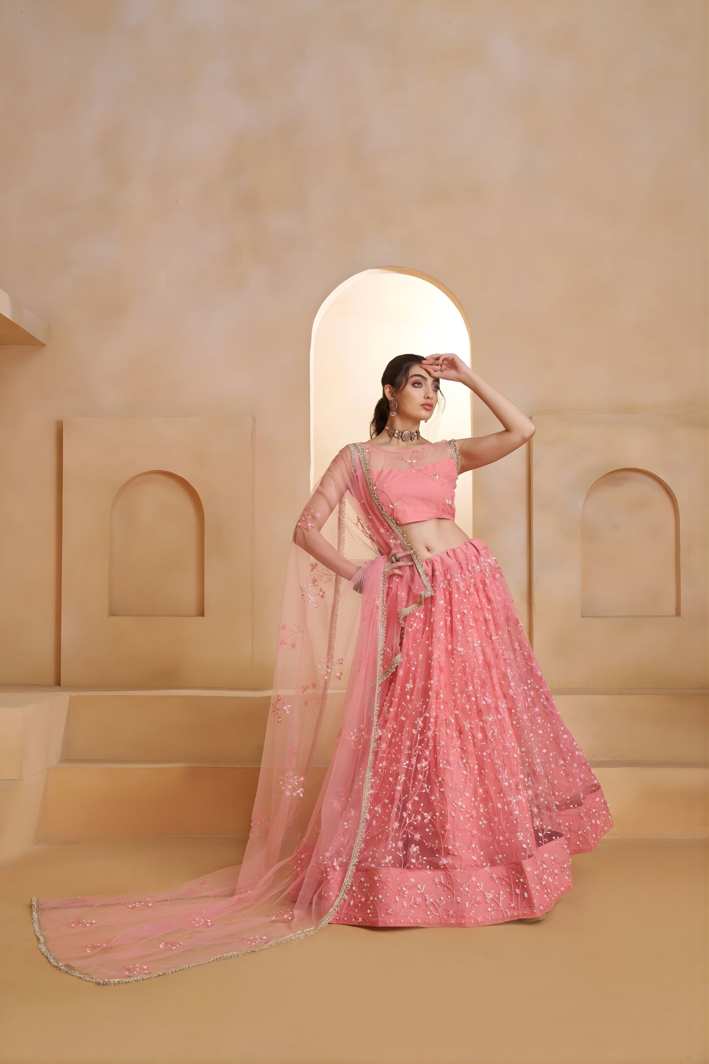 Stunning Pink Butterfly Net Embroidered Lehenga Choli with Dupatta for Women