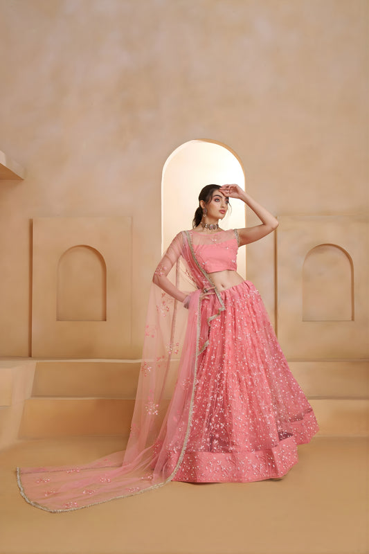 Stunning Pink Butterfly Net Embroidered Lehenga Choli with Dupatta for Women