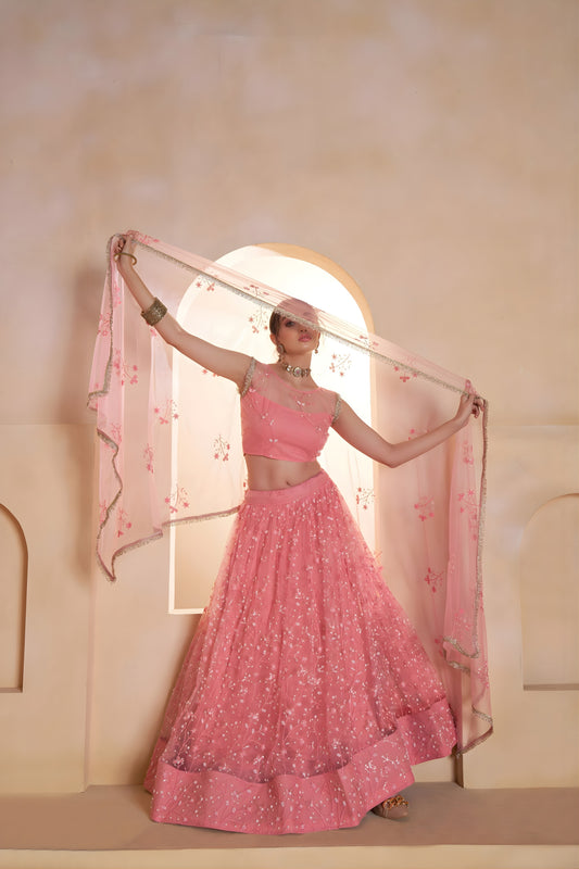 Stunning Pink Butterfly Net Embroidered Lehenga Choli with Dupatta for Women