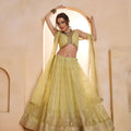 Stylish Yellow Butterfly Net Embroidered Lehenga Choli with Dupatta for Women