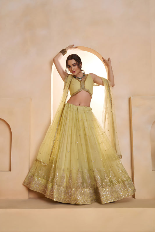 Stylish Yellow Butterfly Net Embroidered Lehenga Choli with Dupatta for Women