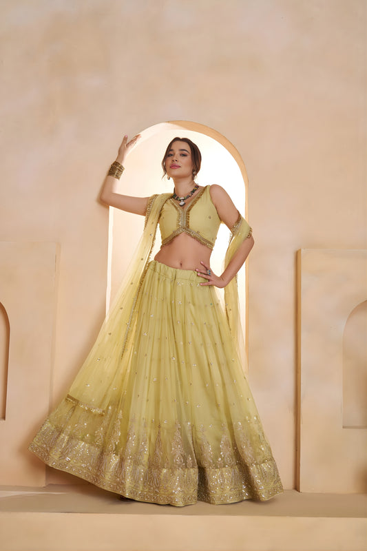 Stylish Yellow Butterfly Net Embroidered Lehenga Choli with Dupatta for Women