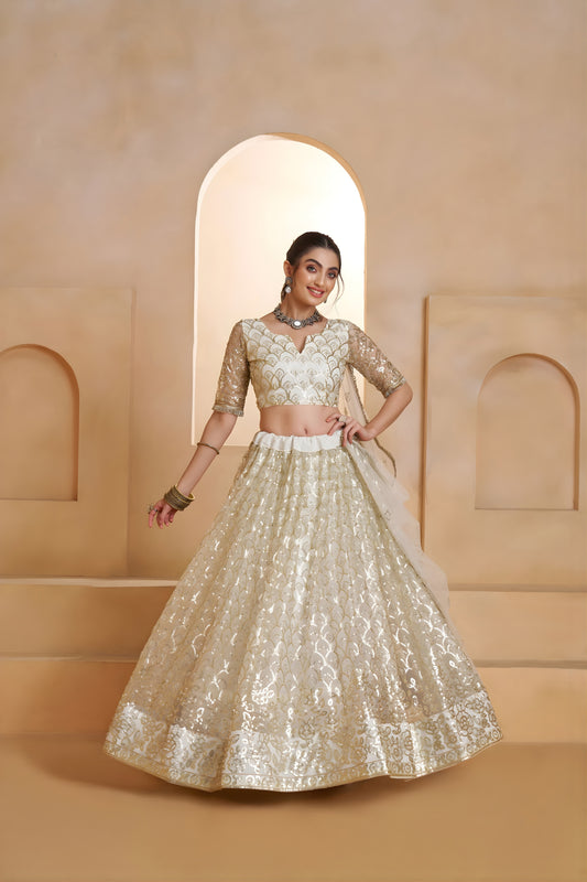 Trendy Off White Butterfly Net Embroidered Lehenga Choli with Dupatta for Wedding