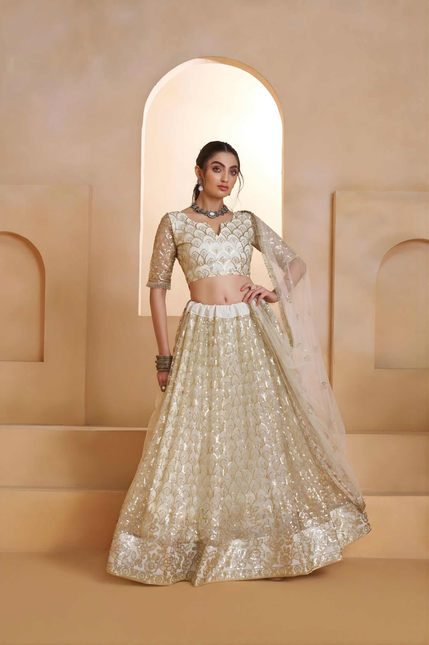 Trendy Off White Butterfly Net Embroidered Lehenga Choli with Dupatta for Wedding