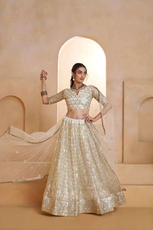 Trendy Off White Butterfly Net Embroidered Lehenga Choli with Dupatta for Wedding