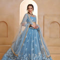 Designer Sky Blue Butterfly Net Embroidered Lehenga Choli with Dupatta for Wedding