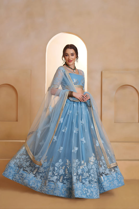 Designer Sky Blue Butterfly Net Embroidered Lehenga Choli with Dupatta for Wedding