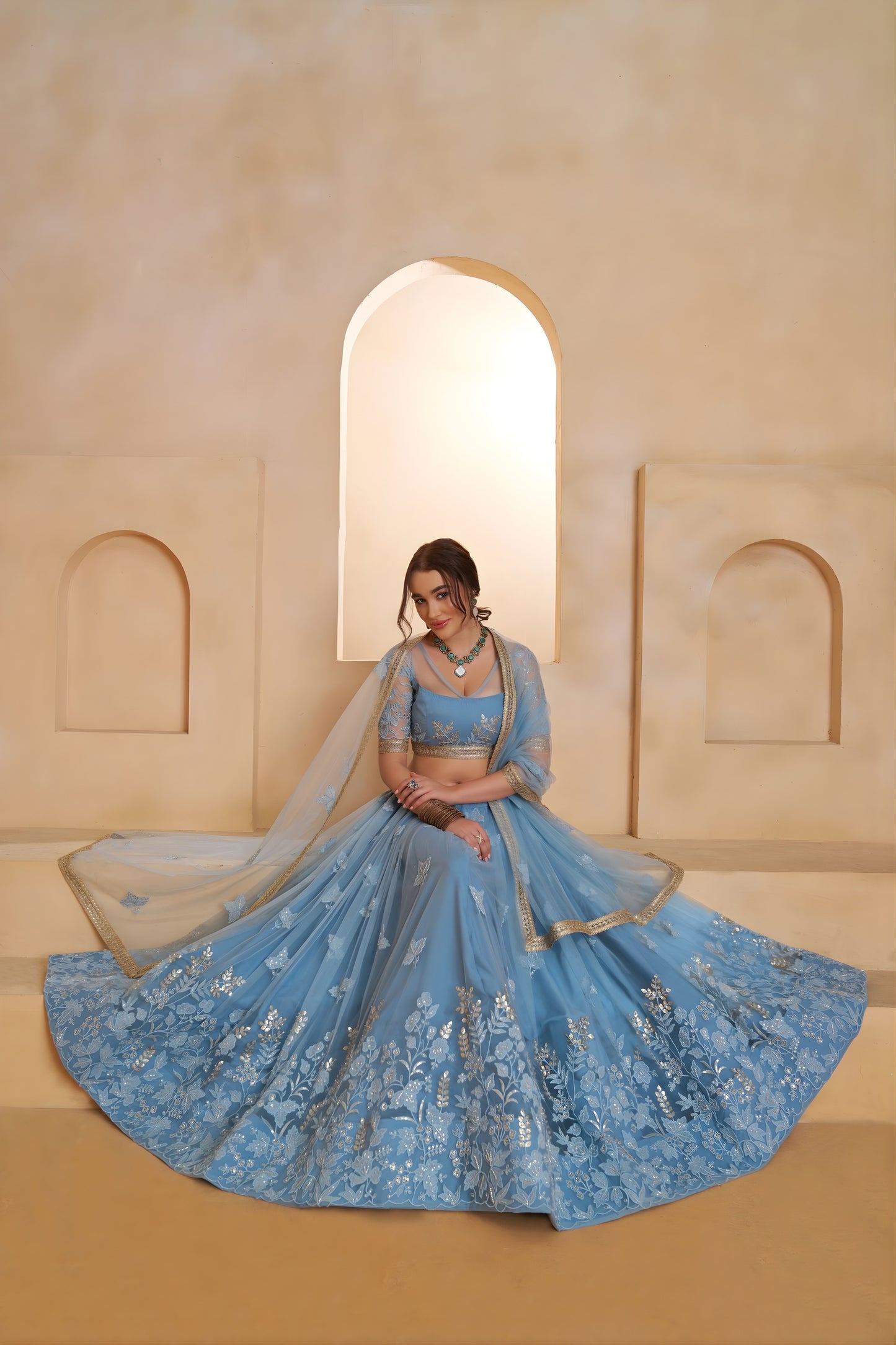 Designer Sky Blue Butterfly Net Embroidered Lehenga Choli with Dupatta for Wedding