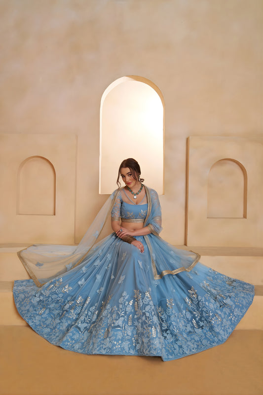 Designer Sky Blue Butterfly Net Embroidered Lehenga Choli with Dupatta for Wedding