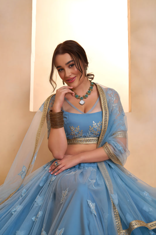 Designer Sky Blue Butterfly Net Embroidered Lehenga Choli with Dupatta for Wedding