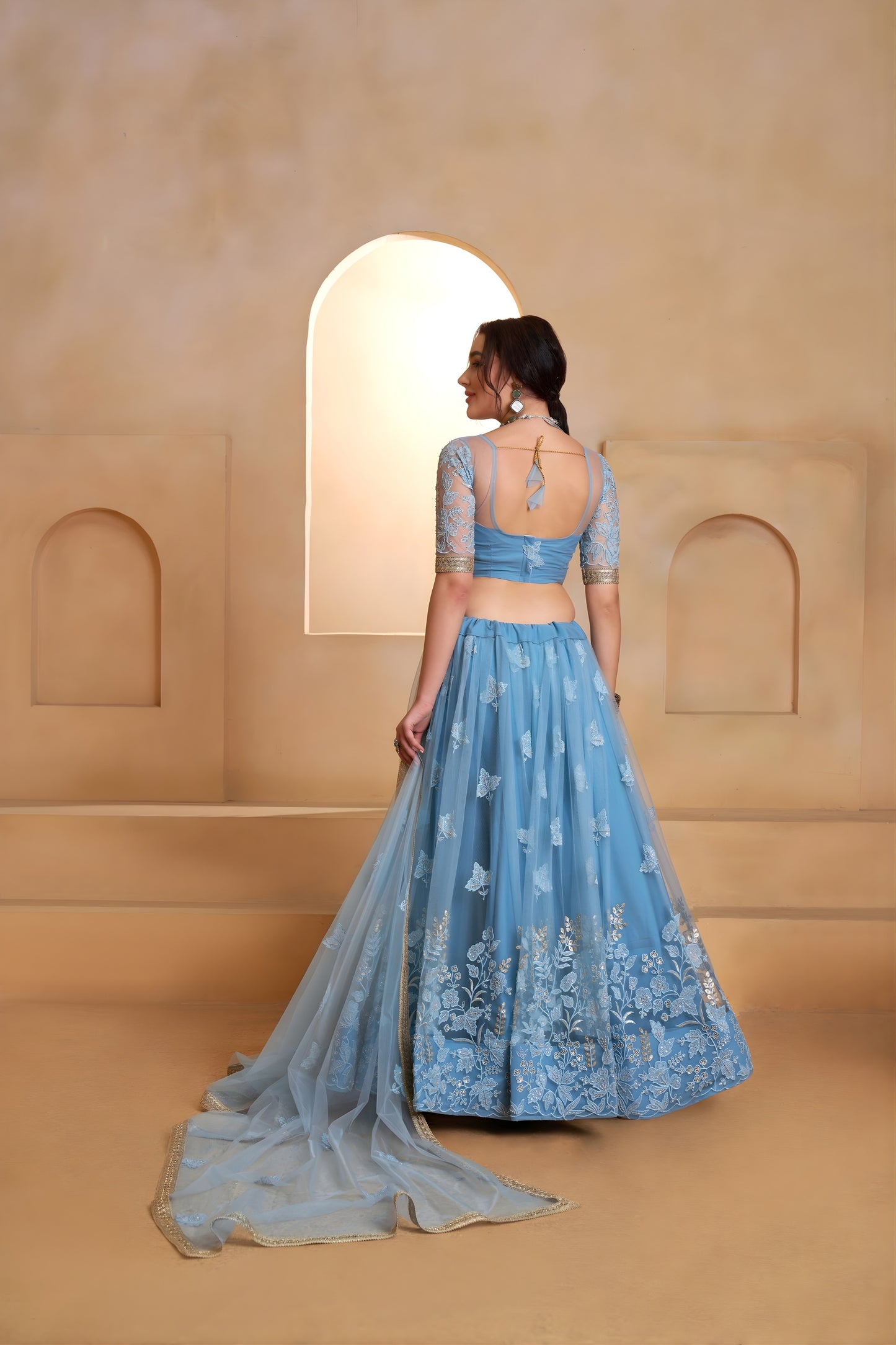 Designer Sky Blue Butterfly Net Embroidered Lehenga Choli with Dupatta for Wedding