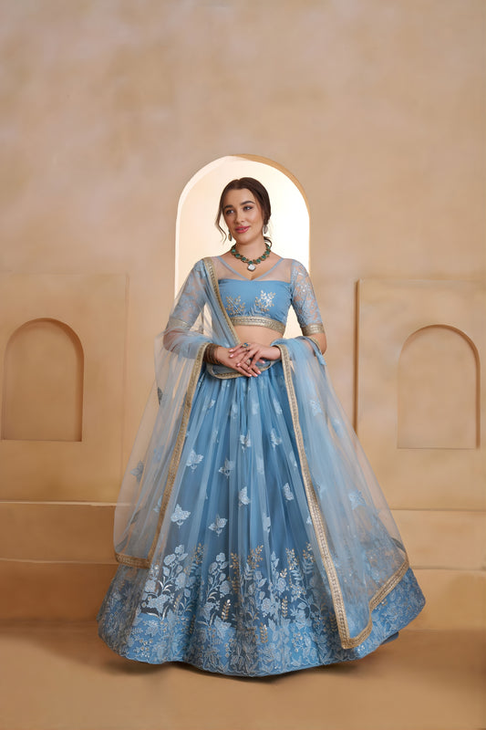 Designer Sky Blue Butterfly Net Embroidered Lehenga Choli with Dupatta for Wedding