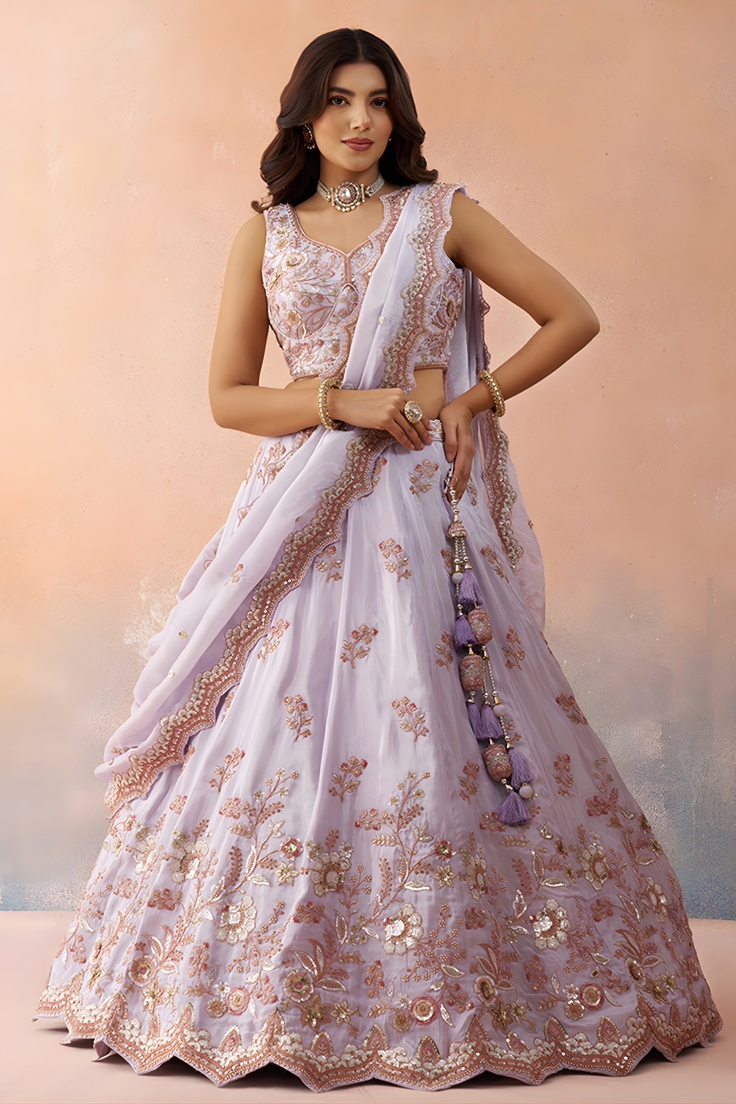Elegant Lavender Tissue Semi-Stitched Embroidered Lehenga Choli with Dupatta