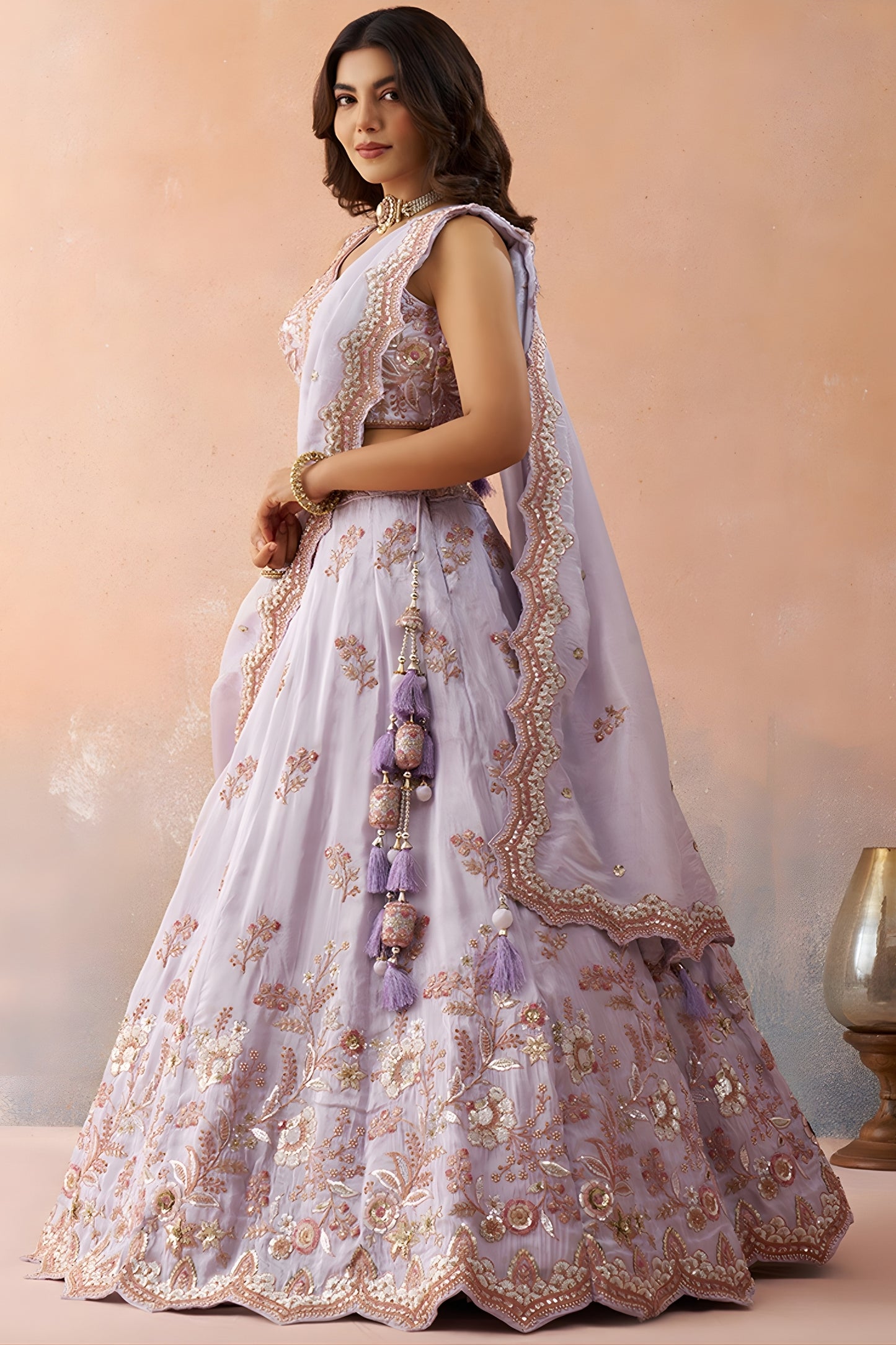 Elegant Lavender Tissue Semi-Stitched Embroidered Lehenga Choli with Dupatta